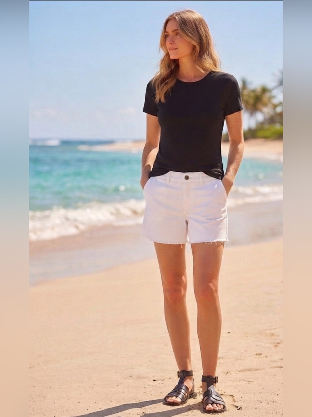 Time and Tru - Size 16 - Frayed Hem Denim Shorts - White